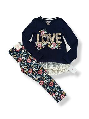 Tommy Bahama Girls Navy Floral "LOVE" Lace Hem Kids Outfit Set Size S 5/6